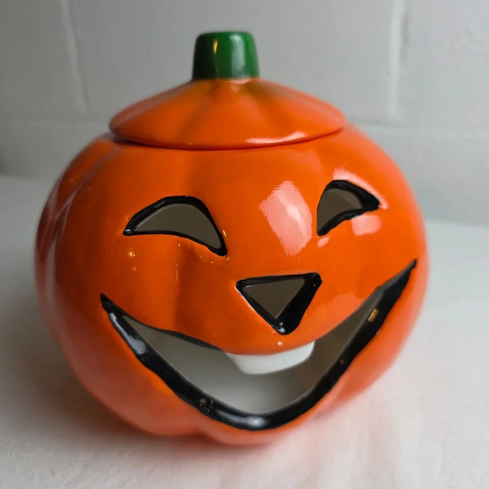Halloween Jack-O-Lantern Ceramic Pumpkin Jar Lid Orange Glossy Whimsical Fall